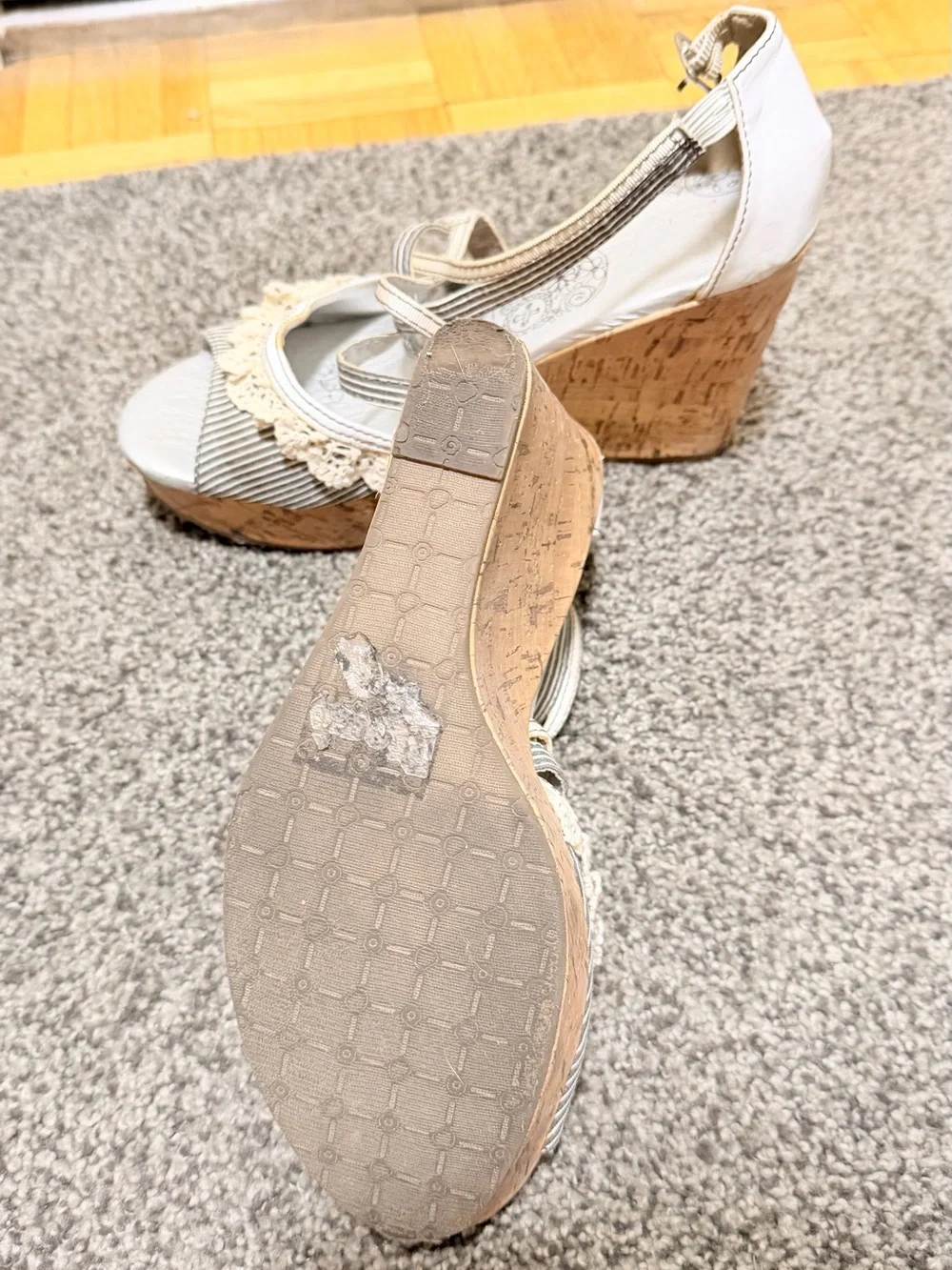 Jellypop Y2K Cork Wedge Sandals 7.5M Crochet Lace Strappy Platform Heels